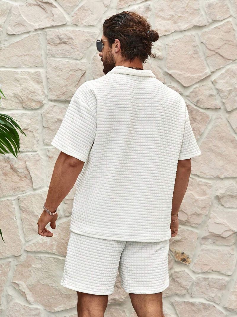 Herrenbekleidung Casual Trend Mode Bequem Waffel Einfarbig Revers Hemd Sportanzug_voghion.com
