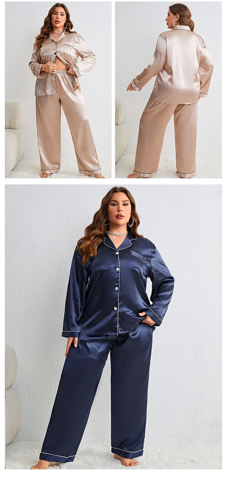 Vêtements de nuit pour femmes en soie glacée, pantalon fin à manches longues, cardigan en soie, grande taille, ensemble de vêtements de maison sexy_voghion.com