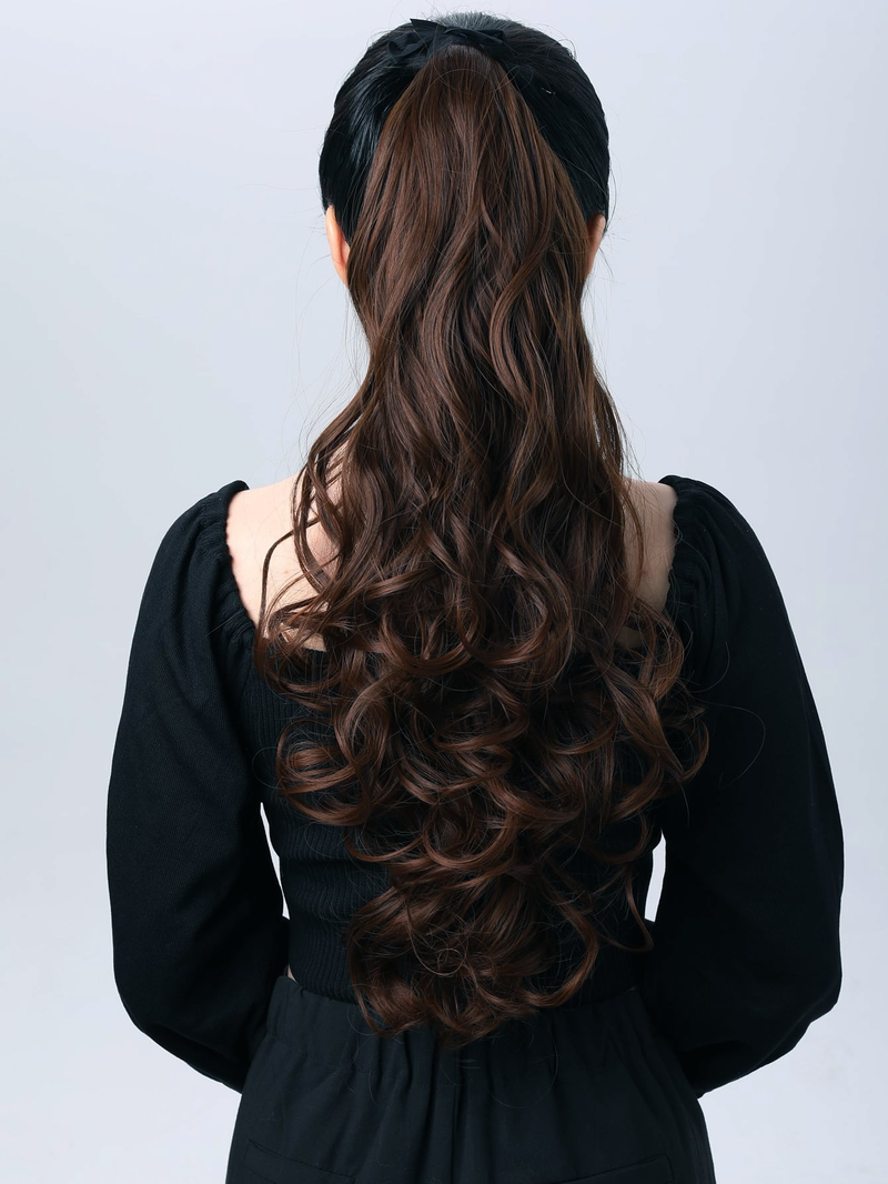 Estensioni dei capelli ricci avvolgenti coda di cavallo marrone scuro Parrucchino lungo 24 pollici per regalo per donne e ragazze_voghion.com