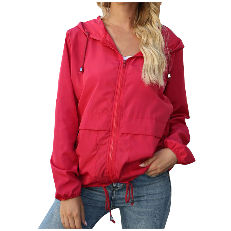 Mode damer i enfärgade långärmad vindjacka utomhusjackor Regnjacka med huva vindtät kappa Ytterkläder_voghion.com