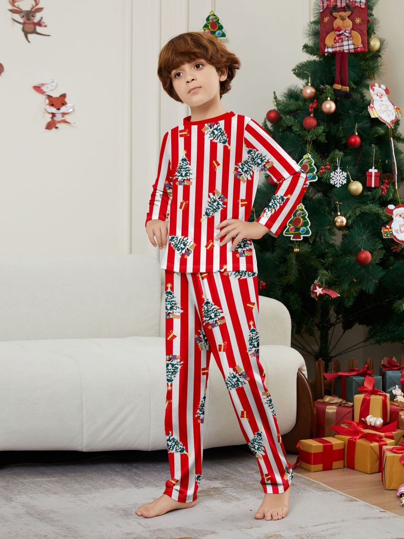 Pijama de pareja con estampado de rayas para padres e hijos, ideal para las fiestas navideñas._voghion.com