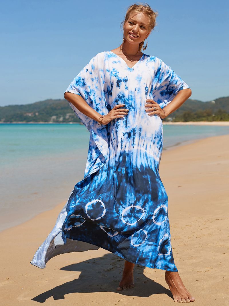 Strandkleid aus 100 % Baumwolle für Damen – Sonnenshirt mit Boho-Print, locker sitzende Bademode, Langarm-Tunika für den Urlaub am Pool_voghion.com