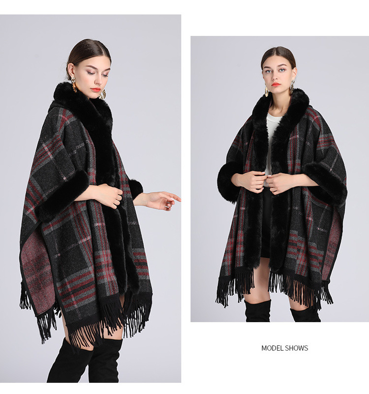 Femmes quand col de fourrure de renard manteau de laine moyen long tempérament cape cape manteau_voghion.com
