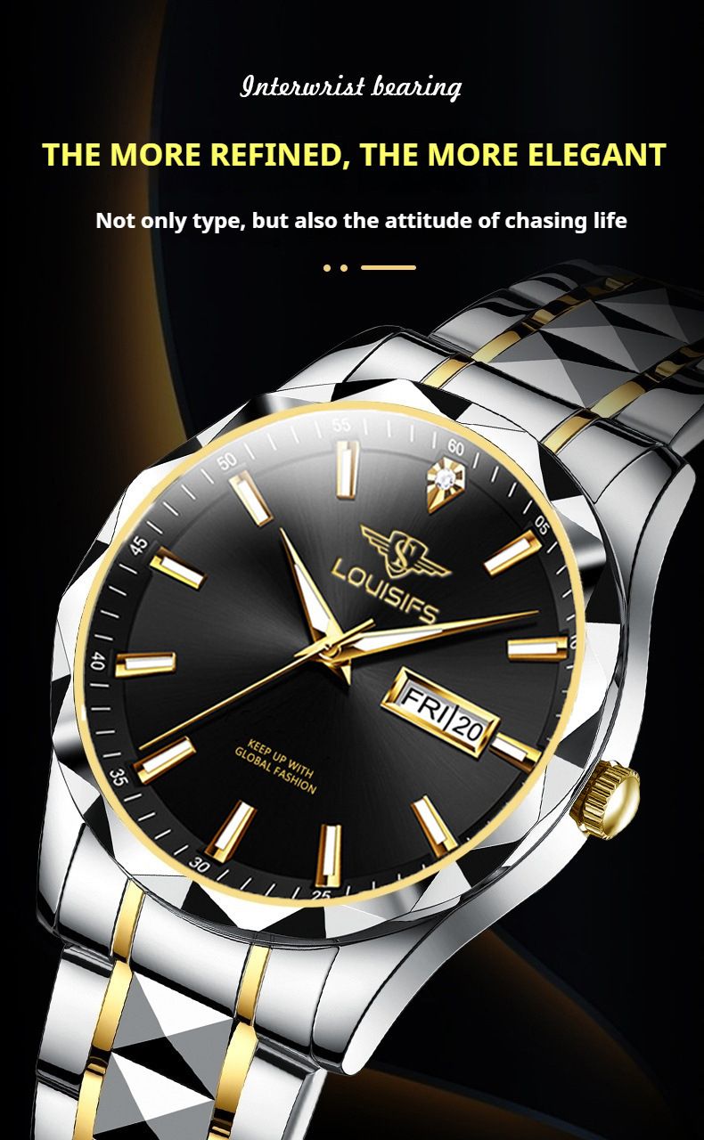 Orologio da uomo al quarzo di lusso con fasi lunari e indicazione della settimana, cassa e cinturino in acciaio inossidabile, vetro in cristallo minerale, resistente all'acqua_voghion.com