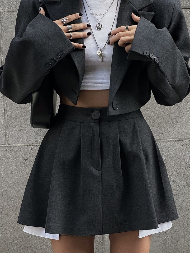 Women's Blazer And Mini Skirt Set - European American Style, 2025 Y2K Aesthetic, Structured Shoulder, Lapel Collar Blazer + Mini Skirt Suit_voghion.com