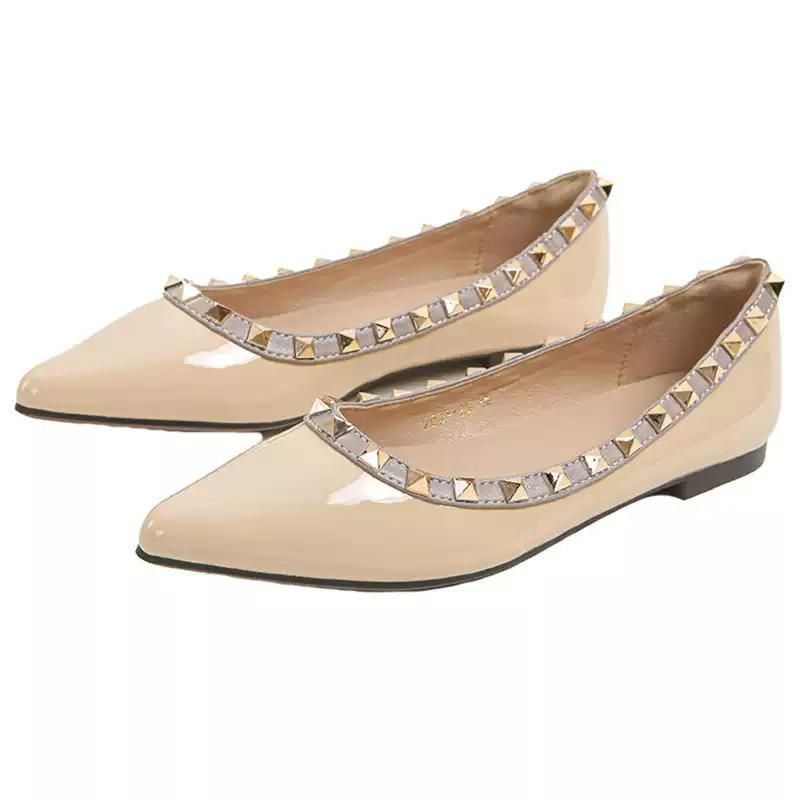 Studded Nude Pointed Soft Patent Leather French Style Elegant Women's Flats Spring New Fashion Versatile Commuter Shoes_voghion.com
