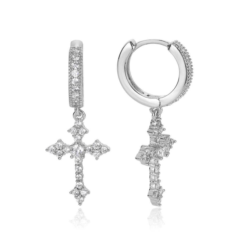 Set di gioielli da donna, orecchini a croce in zirconio intarsiato con ago in argento, moda per uomo e donna, orecchini di personalità, accessori di tendenza hip hop rap._voghion.com