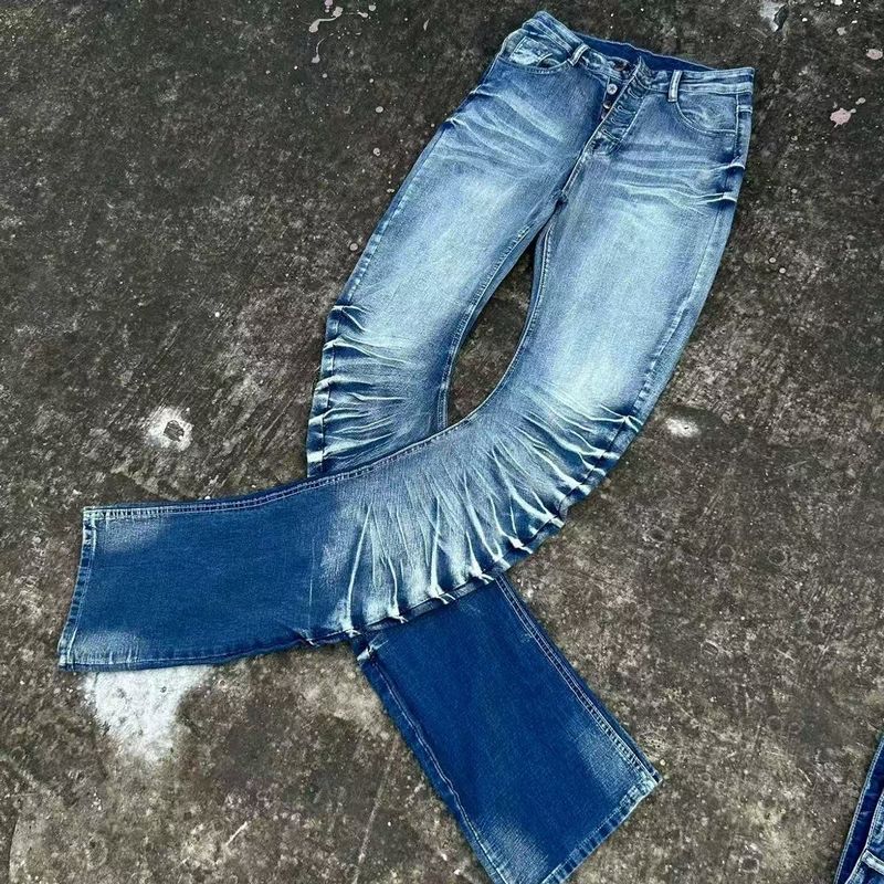 Herrenbekleidung High Street Retro Vintage Buttoned Plissee Scimitar Jeans Herren Straight Slim Casual Pile Pants_voghion.com