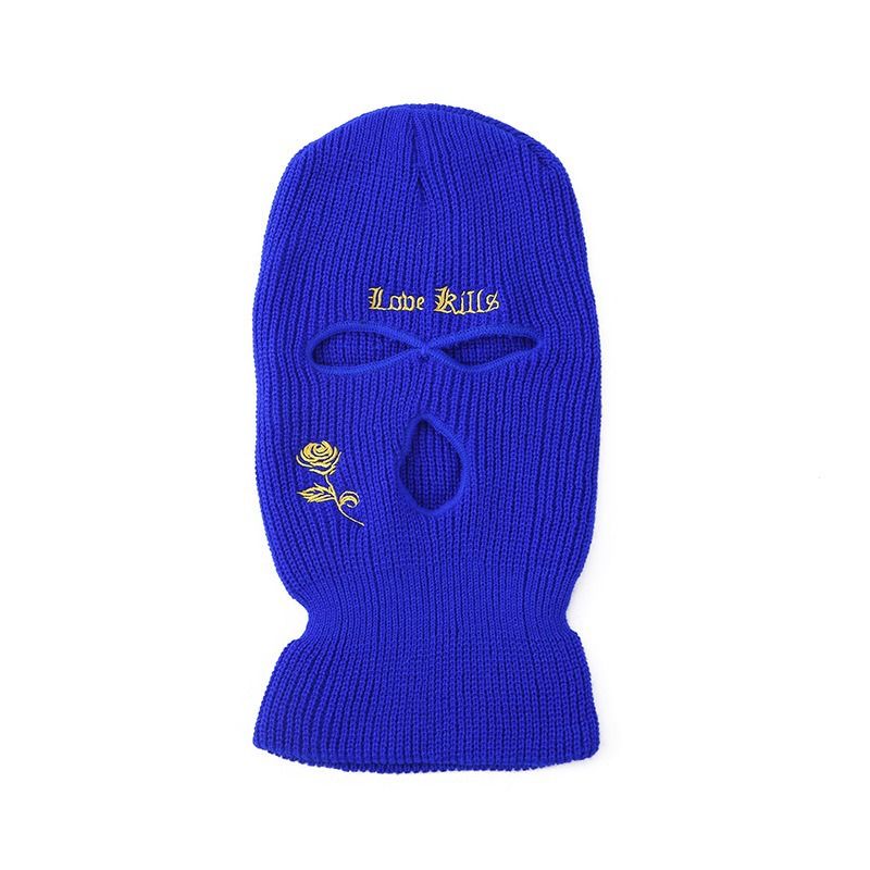 Cappello lavorato a maglia a tre fori per autunno e inverno con ricamo di rose - Cappello caldo per l'inverno e l'autunno per sci, ciclismo e attività all'aperto_voghion.com
