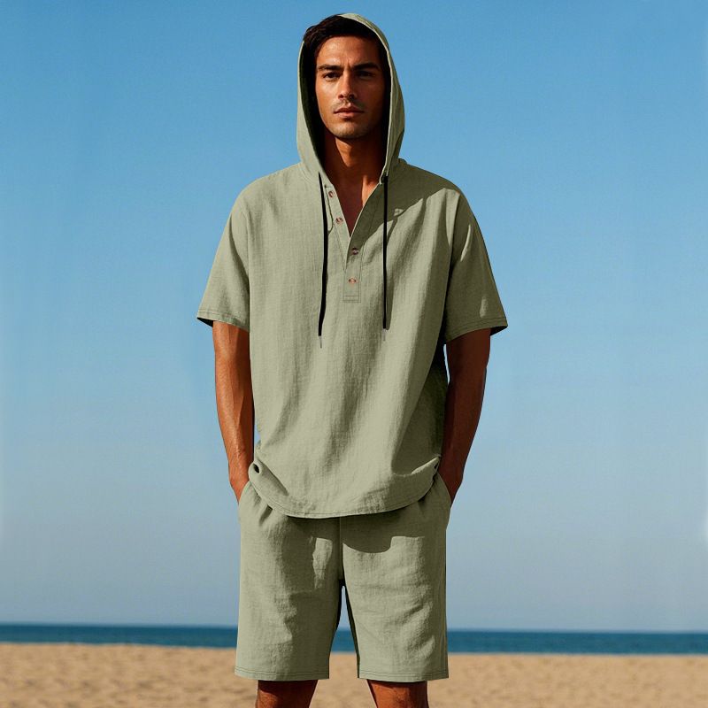 Completo da uomo in lino con camicia e pantaloncini - Completo casual estivo da spiaggia a maniche corte con vestibilità ampia_voghion.com