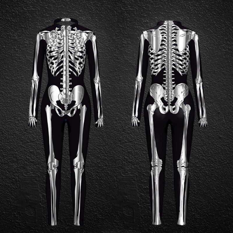 Ženska oblačila za noč čarovnic, ženski oprijeti kombinezon s potiskom človeškega okostja_voghion.com