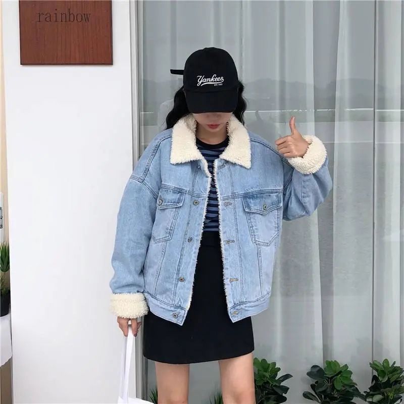 Jeansjacke, verdickter Plus-Samt-Lammwolle-Baumwollmantel, Damen-Wintermantel, lockerer BF-Kurzmantel, verdickter Denim-Baumwollmantel_voghion.com