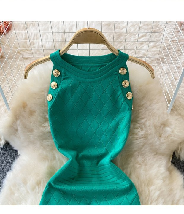 Damen Rundhals Ärmelloses Strick Neckholder Off-Shoulder Kleid Sexy Hüftbetontes Kurzrockkleid_voghion.com