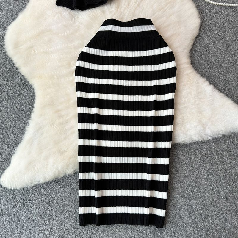 Women's Clothing all match contrast color striped ice silk knitted suit _voghion.com