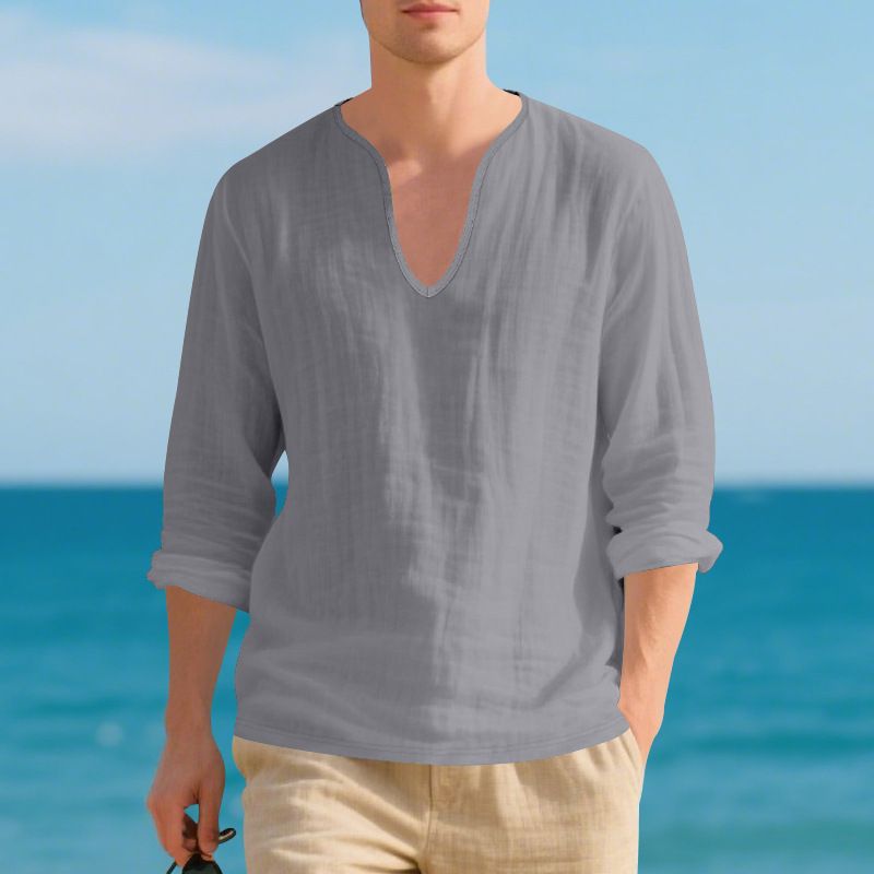 Maglietta a maniche lunghe da uomo in lino, casual, traspirante, con scollo a V, taglia grande, nuova collezione autunno-inverno_voghion.com