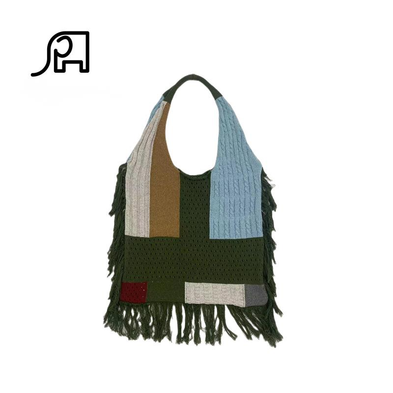New Cross Border Tassel Women's Splicing Knitted Handheld Shoulder Bag Hot Selling Simple And Versatile Retro Knitted Bag_voghion.com