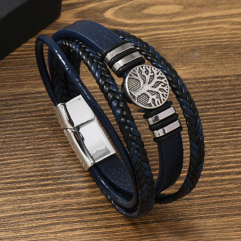Bracelet en cuir avec fermoir magnétique, 1 pièce, motif arbre de vie, accessoires en alliage, tissé à la main, pour hommes_voghion.com