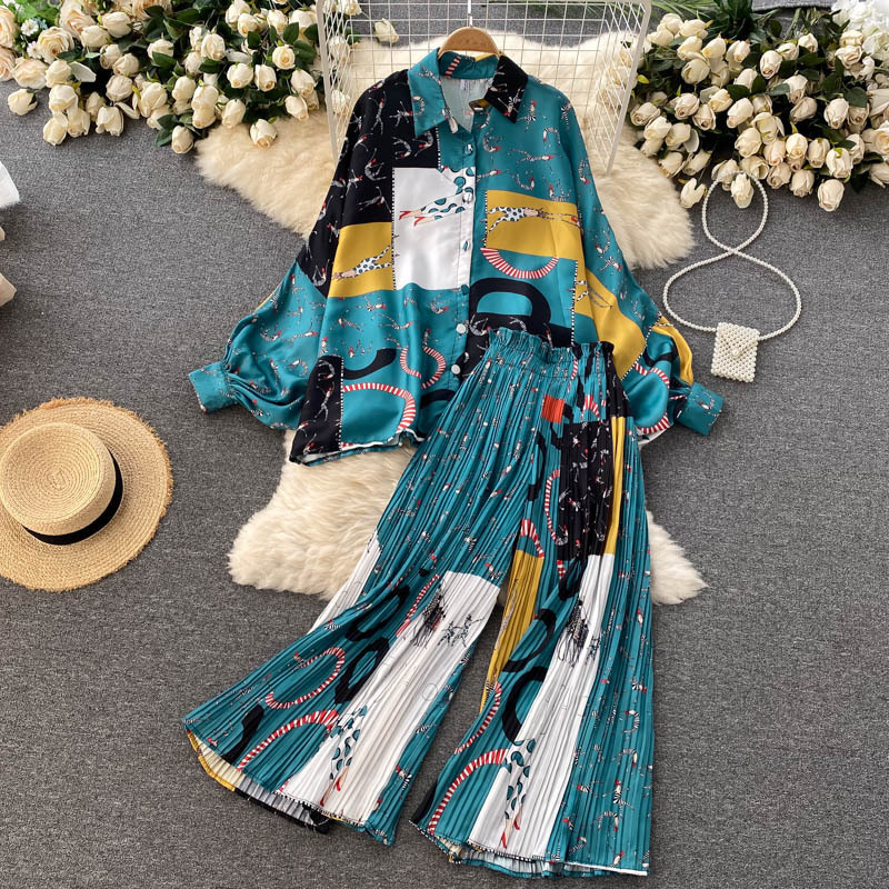 Women's Design Sense Bat-sleeved Shirt Women Loose 100 Heavy Pleated Wide Leg Pants_voghion.com