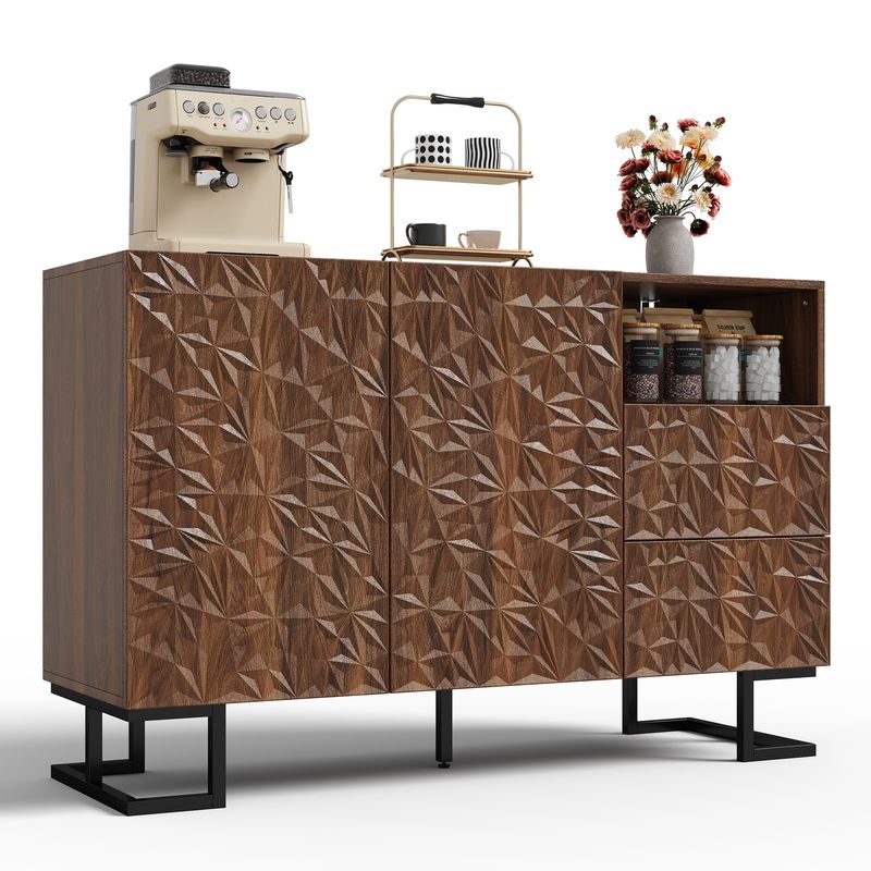 Beistellschrank 120x78,5cm Walnussoptik Mit Blattrelief, 2 Türen & 2 Schubladen_voghion.com