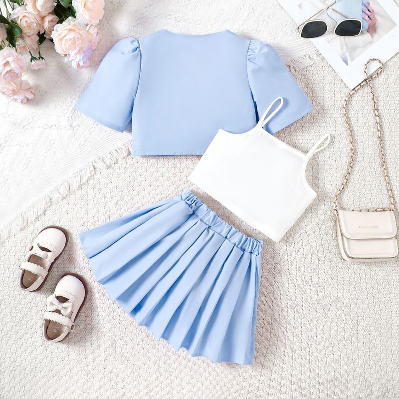 Νέο καλοκαιρινό παιδικό γιλέκο καμιζόλας για μικρά και μεσαία μεγέθη + πλισέ κοντή φούστα + κοντομάνικο μπουφάν κοστουμιού, μοντέρνο σετ για κορίτσια_voghion.com