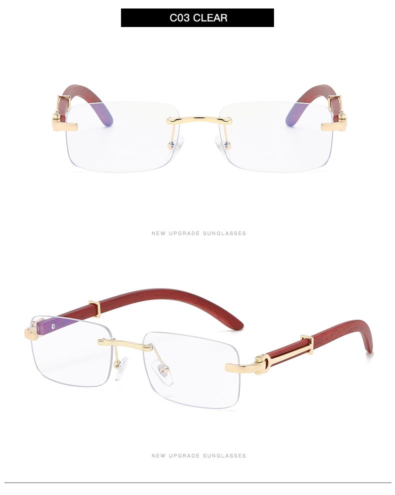 Occhiali da sole rettangolari senza montatura alla moda da donna, occhiali da vista quadrati vintage, design retrò, montatura in legno, occhiali da sole sfumati_voghion.com