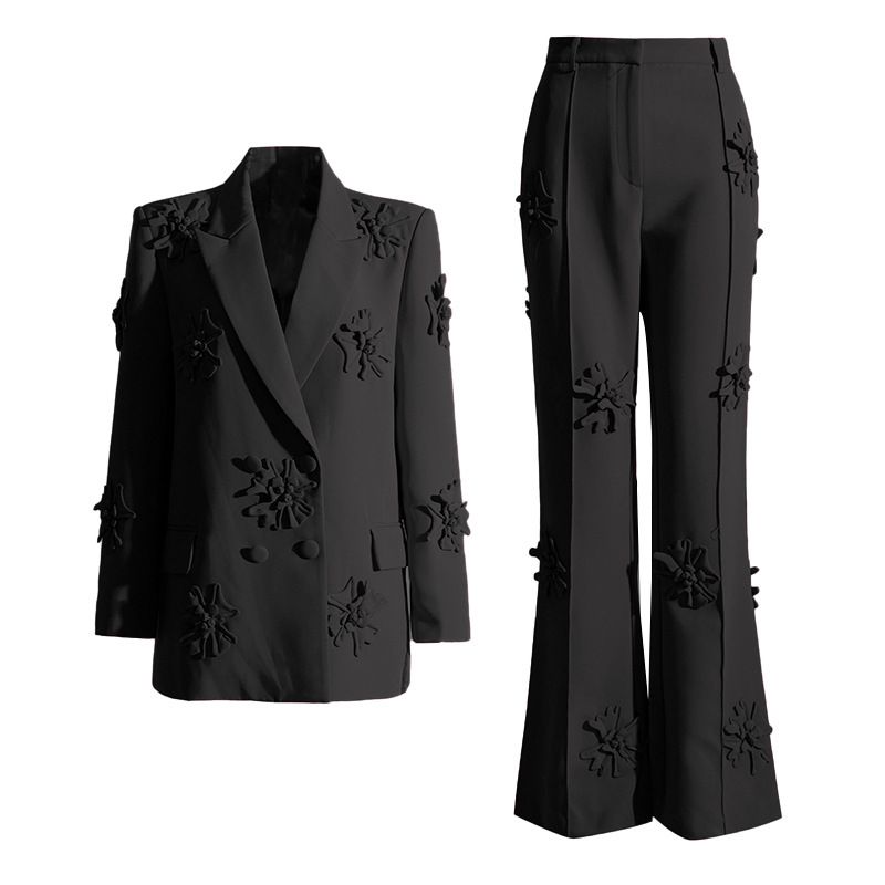 Women's Clothing High Waist Flared Trousers Elegant Floral Print Women's Suit Set - Blazer & High-Waisted Flare Pants (White/Pink/Black)_voghion.com