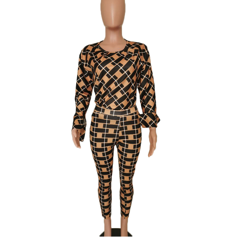 Explosieve losse blouse met lange mouwen en geruite broek, tweedelige set_voghion.com