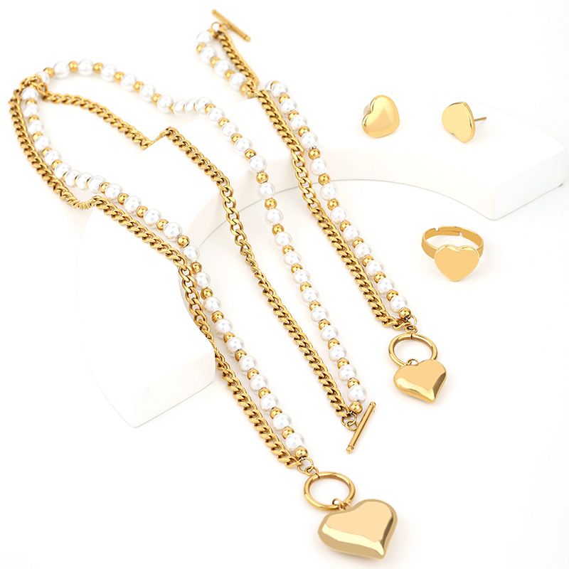 Gute New Trend Cuban Pearl Double Layer Necklace Bracelet Heart Ring Earrings Titanium Steel Non-Fading Set_voghion.com