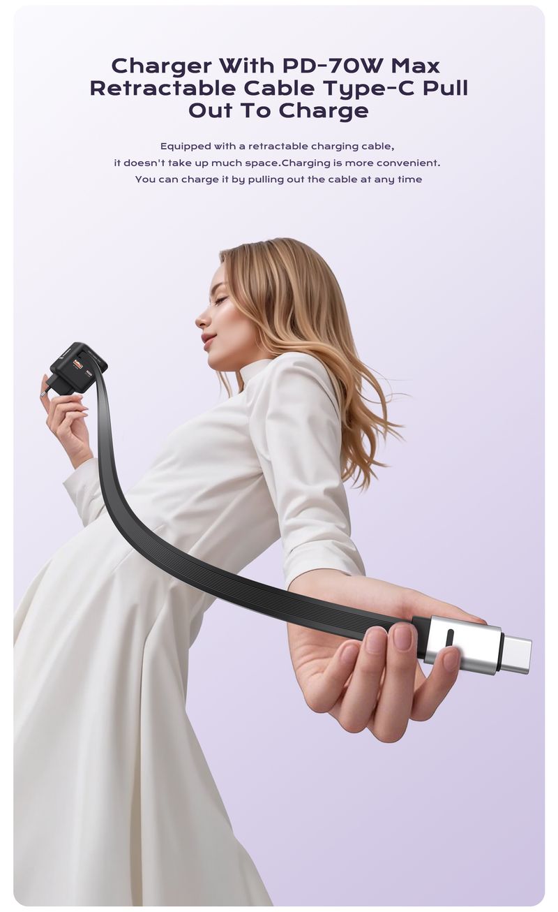 70W GAN Charger With Type-C Retractable Cable 3 IN 1 PD3.0 Q4.0 PPS Fast Charging For IPhone 16 15 14 Xiaomi Tablet_voghion.com