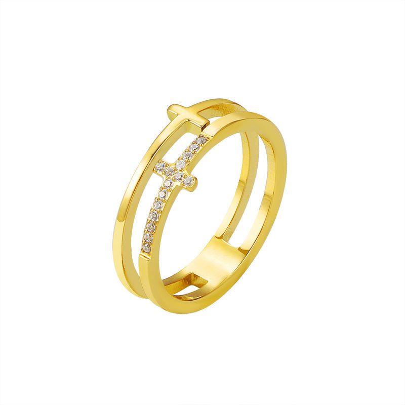 Ins double layer cross diamond ring titanium steel cold style light luxury temperament exquisite hand jewelry men and women fashion jewelry_voghion.com