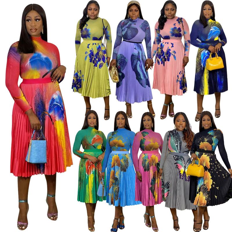 Maglietta attillata classica da donna, plissettata, alla moda, stampata, lavorata a maglia con motivo a mais + gonna ampia a vita alta_voghion.com