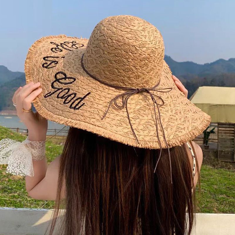 Sombrero para el sol de ala ancha con flecos bordados para mujer_voghion.com