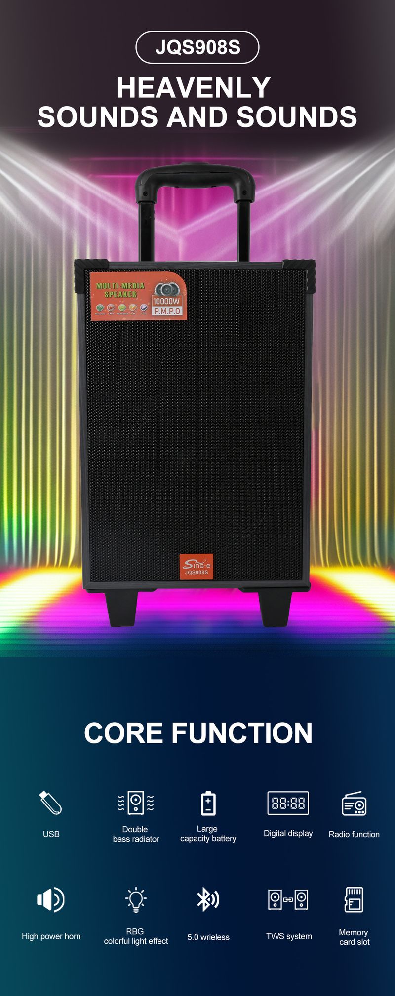 JQS908S Carrinho de áudio para palco quadrado Karaokê para performance ao ar livre Carregamento sem fio Bluetooth Alto-falante_voghion.com