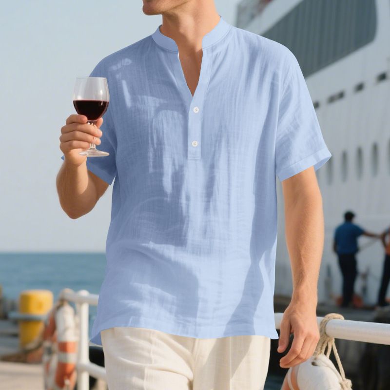 Camicia casual estiva da uomo, ampia, con colletto alto, abbottonata, in lino, a maniche corte, tinta unita, taglie forti_voghion.com