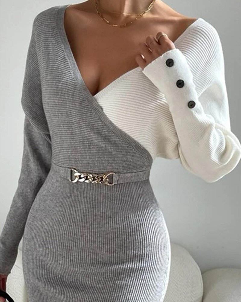 Women's clothing Long sleeve V-neck midi dress_voghion.com