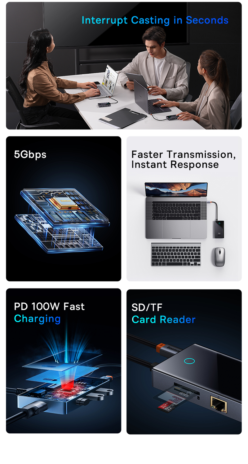 Hub USB-C Baseus 4K à 60 Hz compatible HDMI avec 2 ports USB 3.0, USB-C, USB 2.0, port Internet et lecteur de cartes SD et TF pour MacBook et ordinateurs portables USB-C_voghion.com
