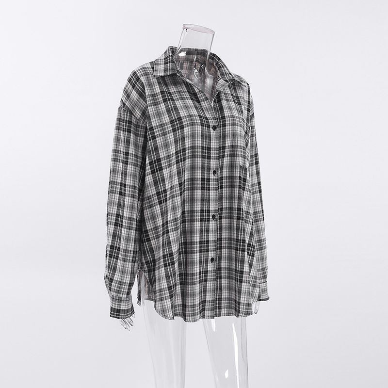 Chemise à carreaux noirs et blancs pour femme, style américain mi-long, coupe ample, idéale à superposer._voghion.com