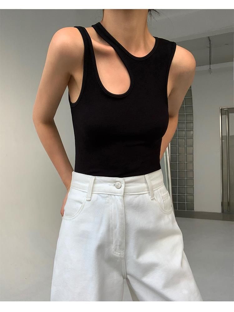 Women's Clothing Street Fashion Style Round Neck Side Irregular Hollow Design Women's Solid Color Slim Small Back_voghion.com
