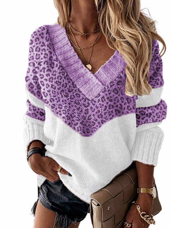 Maglione pullover con scollo a V e stampa leopardata in maglia a blocchi di colore da donna autunno inverno 2025_voghion.com