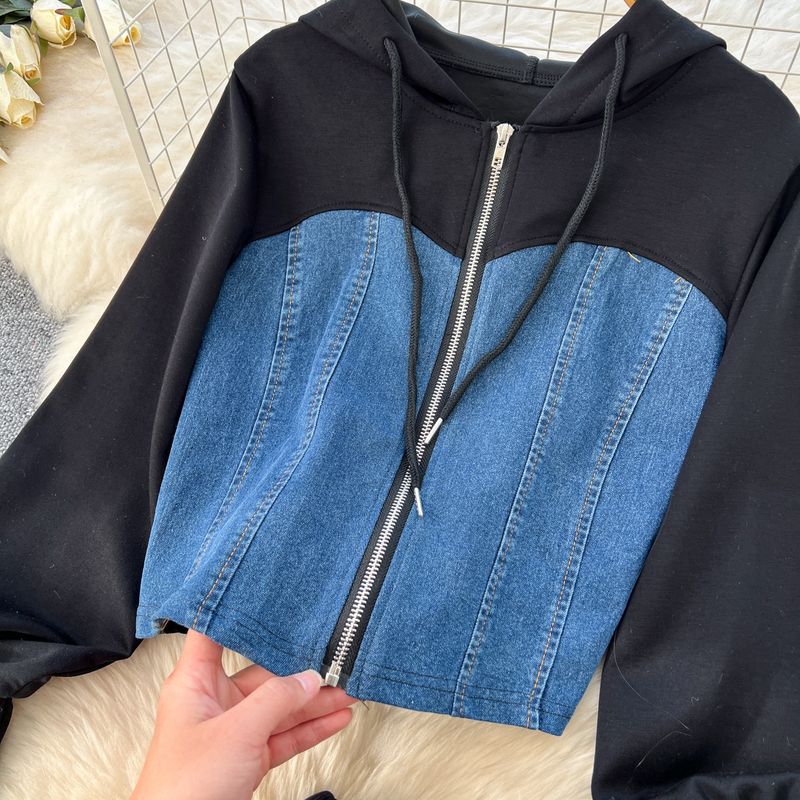 Dametøj Forår afslappet jakkesæt Damesportstøj Pullover Langærmet sweatshirt med hætte + højtaljede denimsyninger Bukser med brede ben_voghion.com