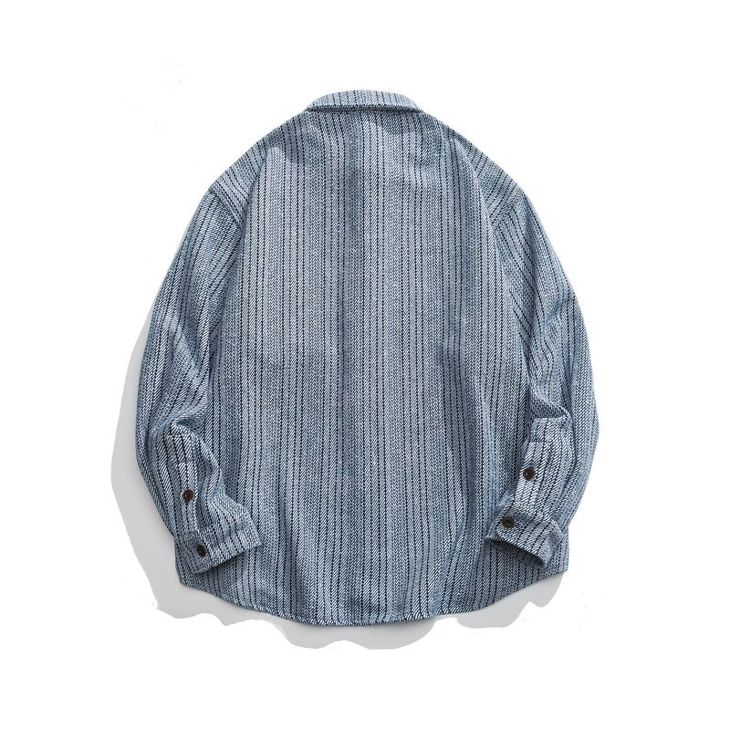 Herrenbekleidung Einfaches, trendiges, gewaschenes, gestreiftes Denim-Langarmhemd, lässige blaue Hemdjacke_voghion.com