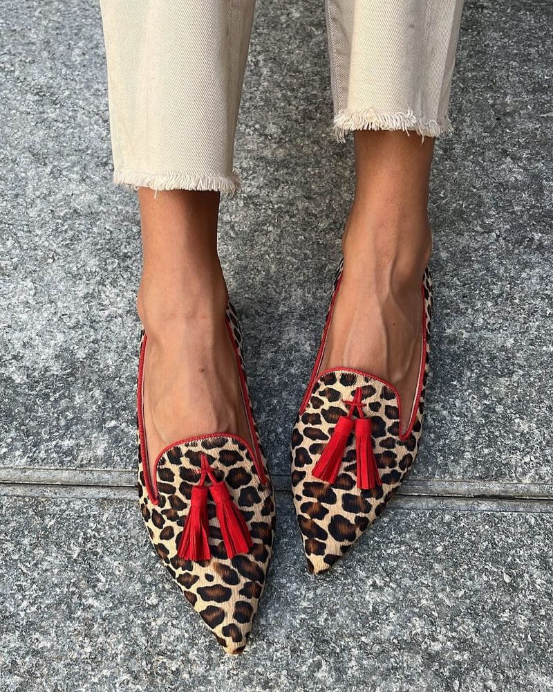 Scarpe casual con stampa mucca e nappe, nuove scarpe con tacco basso e punta a punta, primavera e autunno 2025, taglia 40-43_voghion.com