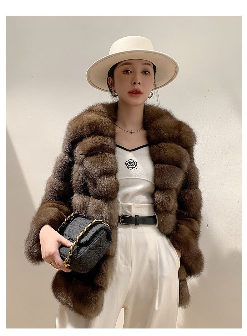 Luxuriöser Kunstnerzmantel mit Sternenmuster - Kurze Winterjacke für Damen, Reverskragen, eleganter Kunstpelzmantel in Kastanienbraun_voghion.com