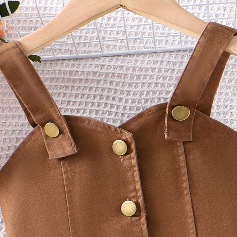 Traje de trabajo para madres e hijos, para niñas, color liso, con tirantes y botonadura sencilla, de mezclilla, talla pequeña y mediana, de dos piezas._voghion.com