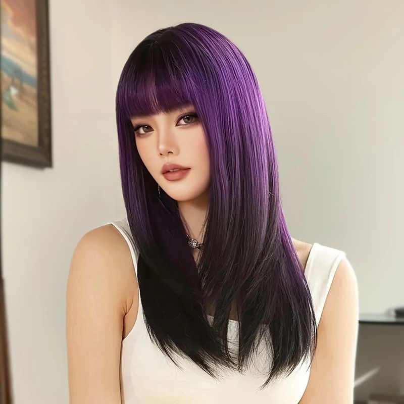 New gradient color bangs high level medium length curly hair face shaping and age reducing summer dopamine wig full head hairstyle_voghion.com