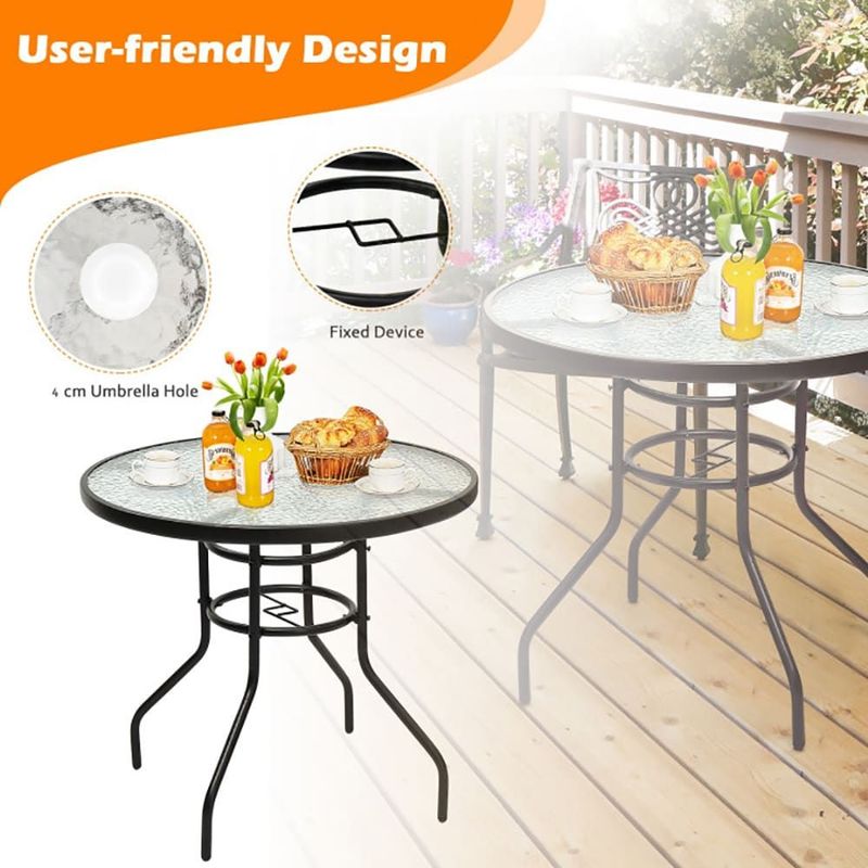 32 Inch Patio Tempered Glass Steel Frame Round Table With Convenient Umbrella Hole_voghion.com
