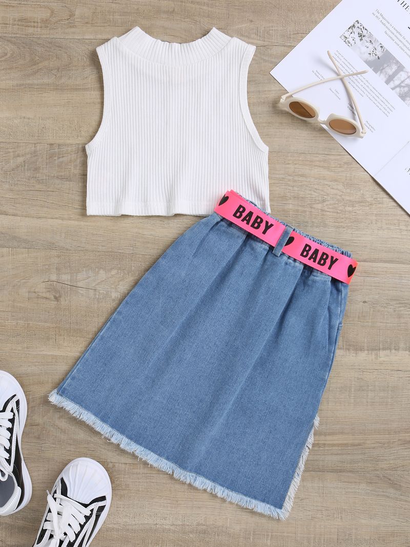 Kids 3-Piece Denim Dress Set With Belt & Striped Vest Top - Soft Cotton Blend Outfit For Girls 3-8 Years Trendy Casual Wear_voghion.com