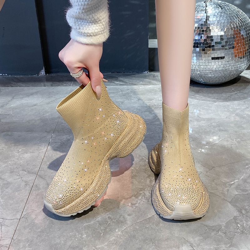 Gestrickte Sockenstiefel für Damen mit Strasssteinen, Slip-On-Sneakers mit dicker Sohle, atmungsaktive, elastische High-Top-Booties für Sommer, Frühling und Herbst_voghion.com