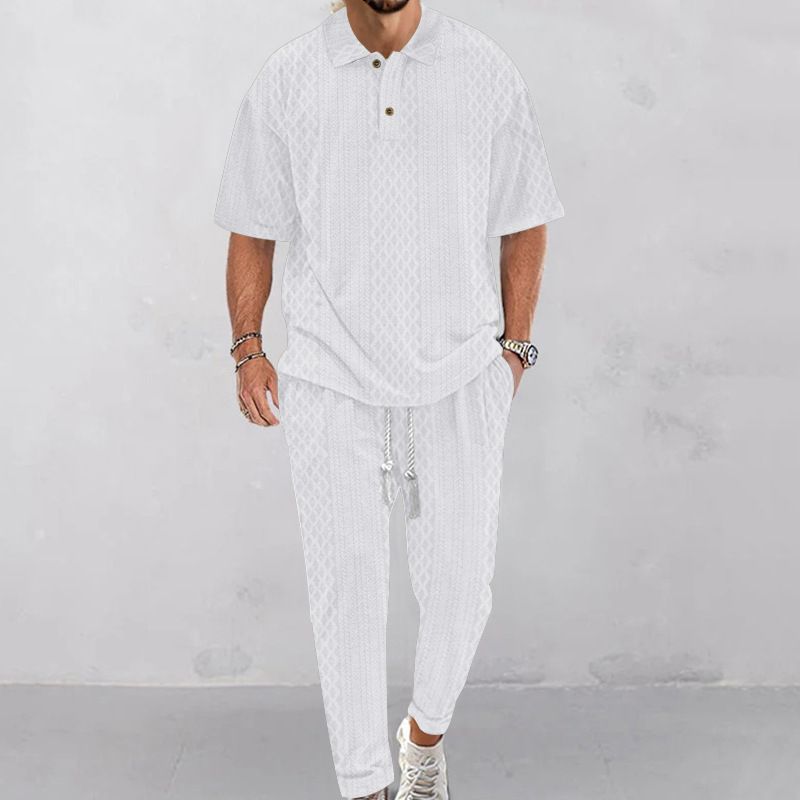 24 Spring/Summer Men's Casual Pants Flip Collar Jacquard Knitted Top Large Set_voghion.com