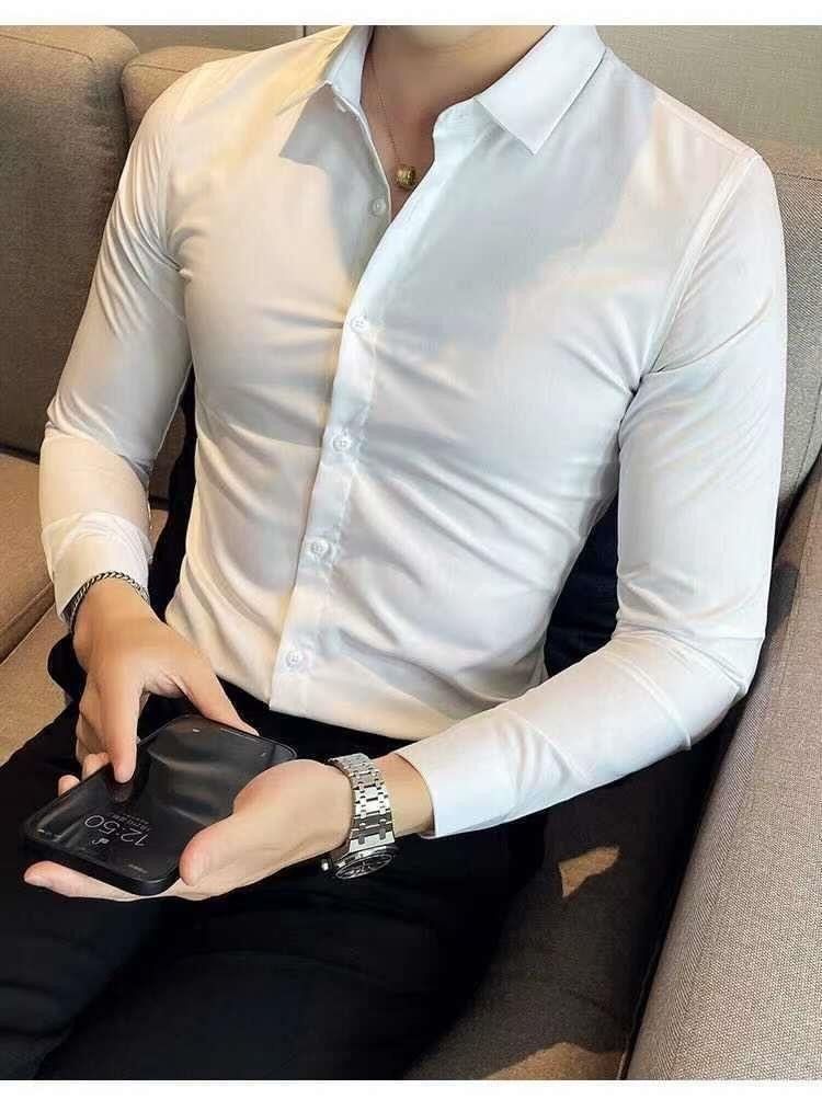 Camicia a maniche lunghe slim fit da uomo, nera e bianca, casual, con bottoni, per lavoro e ufficio (S-5XL)_voghion.com